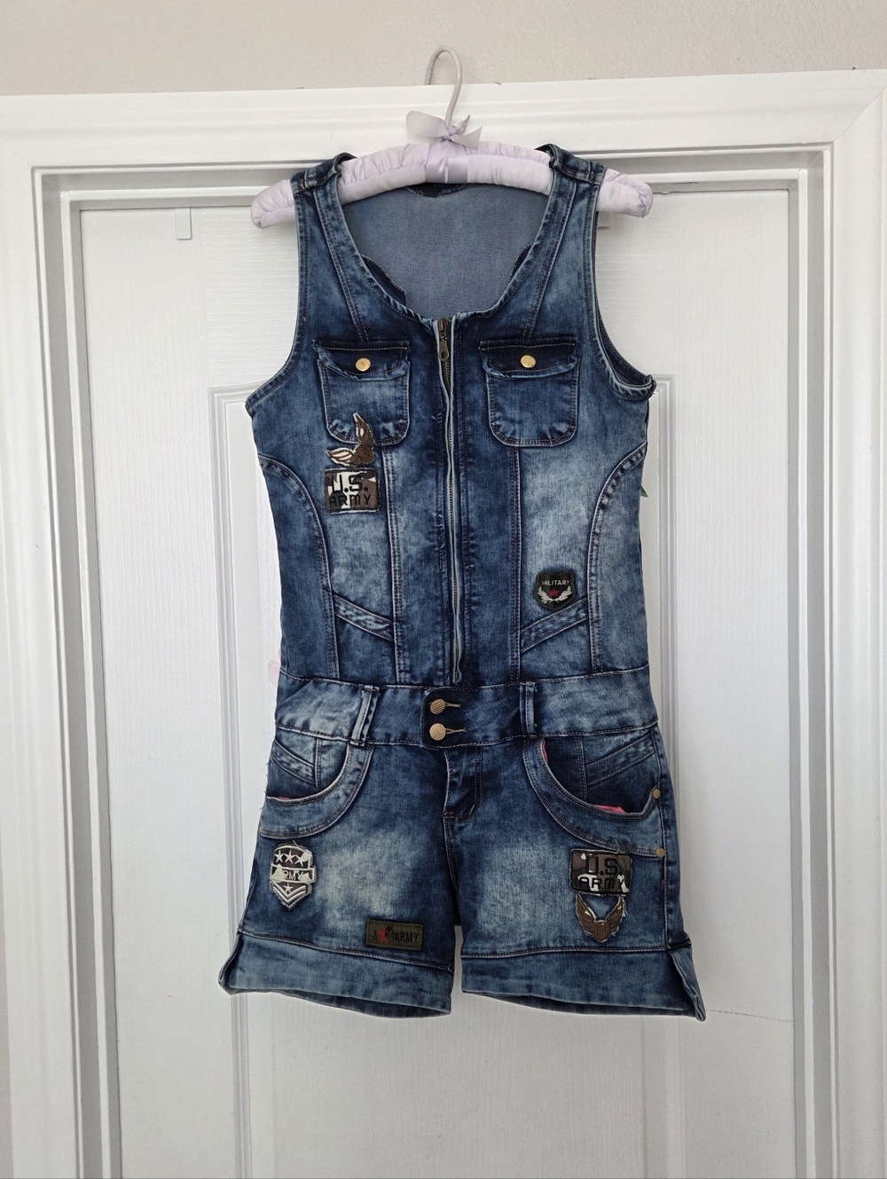 Denimland Paris Collection Denim Shortall Jumpsuit Army Military Theme Patches L